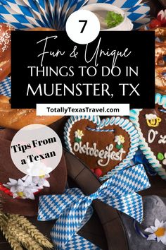 several decorated cookies with the words fun and unique things to do in muensster, tx