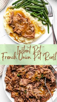 french onion beef roast on a plate with mashed potatoes and green beans