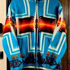 Brand New Wool Blend Southwestern Print Jacket. Western Style Blue Winter Outerwear, Blue Bohemian Outerwear With Pockets, Bohemian Blue Hooded Outerwear, Blue Bohemian Hooded Outerwear, Teddy Bear Hoodie, Broken Crayons Still Color, Layered Hoodie, Brown Zip Ups, Broken Crayons