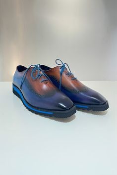 Blue leather brogues with perforated toe and ombre upper. - Aza Fashions Blue Leather Shoes With Contrast Sole For Formal, Blue Leather Shoes With Contrast Sole For Formal Occasions, Formal Blue Leather Shoes With Contrast Sole, Blue Low-top Leather Shoes For Business, Blue Wingtip Dress Shoes With Rubber Sole, Formal Blue Oxfords With Contrast Sole, Blue Business Dress Shoes With Textured Sole, Blue Low-top Dress Shoes For Business, Blue Wingtip Dress Shoes With Brogue Detailing