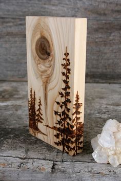 a small wooden box with trees on it next to a rock and wood planks