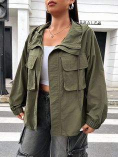 Plus Size Women's Solid Color Simple Casual Hooded Long Sleeve Jacket Army Green Casual  Long Sleeve Woven Fabric Plain Other Non-Stretch  Women Plus Clothing, size features are:Bust: ,Length: ,Sleeve Length: Army Fashion Women, Fall Color Palette Outfits, Army Green Jacket Outfit, Green Jacket Outfit, Unusual Outfits, Women Crew Socks, Army Green Jacket, Army Fashion, Fall Color Palette