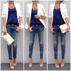 saco blanco, blusa azul, denim azul Top Jeans, Outfit Chic, Shirt Tucked In, Outfit Jeans, Mode Casual, White Blazer, Street Styles, Ripped Jeans, Look Fashion