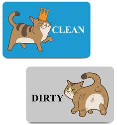 two business cards with cats and the words clean, dirty, and queen on them