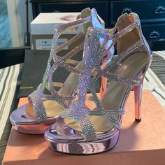 Bought For A Valentine Party. I Didn’t End Up Attending. Very Cute Heels High Heels For Valentine's Day, Glamorous Multicolor Rhinestone Heels, Pink Crystal Embellished Heels, Valentine's Day Platform High Heels, Pink Pleaser Heels, Valentine Party, Cute Heels, Pink Heels, Sleeve Tattoos For Women