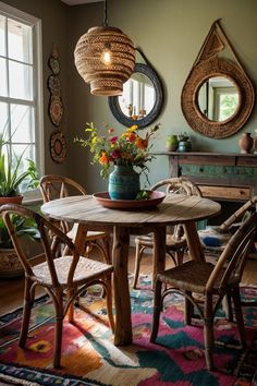 a dining room table and chairs in front of a window with potted plants on it