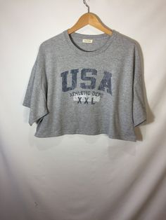 XL USA Athletic Dept. cropped t-shirt in gray. Sporty Gray Cropped Top, Gray Cropped Cotton T-shirt With Short Sleeves, Casual Gray Cropped T-shirt, Casual Gray Cropped T-shirt For Summer, Casual Gray Cotton Cropped T-shirt, Athletic Heather Short Sleeve Top With Text Print, Cat Room, Cropped T Shirt, Cropped Tee