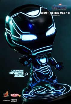 a black light up iron man bobble head