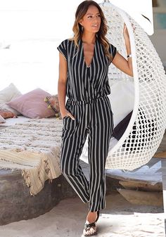 Black-White-Striped Wrap-Look Striped Jumpsuit Chic Braided Strap Sandals For Summer, Casual Braided Strap Sandals For Summer, Casual Summer Sandals With Braided Straps, Chic Sandals With Woven Sole For Day Out, Stripe Jumpsuit Outfit, White Outfits For Women, Braided Sandals, Jumpsuit Outfit, Striped Jumpsuit