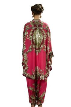 Fuchsia pink shirt kurta with floral print and gazette sleeves. Paired with printed dhoti pant. - Aza Fashions Pink Traditional Drape Kaftan For Festivals, Traditional Pink Pant Set With Traditional Drape, Festive Pink Pant Set With Traditional Drape, Traditional Pant Set With Dupatta For Reception, Pink Pant Set With Dabka Work For Diwali, Pink Pant Set For Wedding And Navratri, Bollywood Pant Set With Traditional Drape For Navratri, Traditional Drape Pant Set For Diwali Reception, Traditional Drape Pant Set With Dupatta For Reception