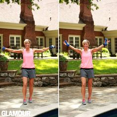 a woman in pink shirt and grey shorts doing exercises with blue gloves on her hands