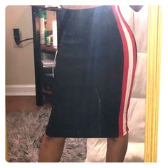 Black Pencil Skirt With Red And White Stripes Down The Side. Never Worn. Fits Like A Medium Trendy Knee-length Pencil Skirt For Night Out, Black Mini Pencil Skirt For Summer, Trendy Stretch Pencil Skirt, Casual Black Knee-length Mini Skirt, Trendy Red Knee-length Skirt, Trendy Black Stretch Pencil Skirt, Trendy Stretch Pencil Skirt For Going Out, Casual Knee-length Mini Skirt For Night Out, Casual Pencil Skirt For Night Out