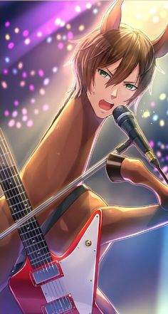 an anime character holding a guitar in front of a microphone and singing into a mic