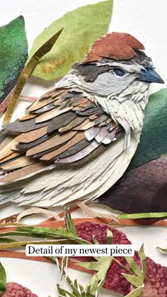 a bird sitting on top of a leaf covered ground next to some leaves and flowers