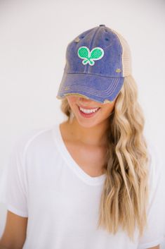 TENNIS DISTRESSED PATCH HAT Hats Judith March DENIM Tennis Hat, Style Ponytail, Lawn Tennis, Cute Hat, Patch Hat, Tennis Racquet, Cute Hats, You've Been, Trucker Hat