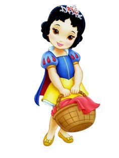 a cartoon girl with a basket in her hand and a tiara on her head