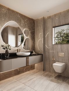 a bathroom with a sink, mirror and toilet in the corner next to a window