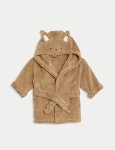 Keep little ones cosy after bath time with this pure cotton towelling robe. It has a tie fastening at the waist and a hooded neck for extra snugness. The hood is complete with an embroidered face and cute 3D ears. Embroidered Face, Hooded Robe, After Bath, Bath Time, Cotton Towels, M S, Pure Cotton, Gowns Dresses, Camel