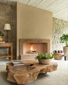 a living room filled with furniture and a fire place in the middle of the room