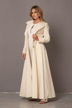 Winter Wedding Long Coat off White Floor Length Coat Wool - Etsy Bulgaria Long Princess Dress, Floor Length Coat, White Long Jacket, Long Winter Coats Women, Trendy Coat, Dress Art, White Floor, Elegant Coats, Clothes Korean Style