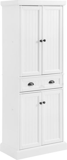 a white cabinet with two doors and drawers