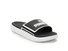 PUMA Softride Slide - Men's Shoes : Puma Black/Puma White : Enjoy the cool touch of air on your feet, wearing PUMA Softride Slide footwear. Synthetic leather upper. Synthetic leather lining. EVA footbed. Slip-on style. Open toe. Wide vamp with PUMA scripts and signature cat. EVA midsole. EVA outsole. Imported. Single shoe weight: 1.1 oz. Weight of footwear is based on a single item, not a pair. Sporty Summer Flip Flops With Ortholite Insole, Sporty Beach Slides With Ortholite Insole, Sporty Synthetic Sandals For Pool, Sporty Flip Flops With Textured Footbed For Swimming, Casual Black Pool Sandals, Sporty Slip-resistant Flip Flops For Beach, Black Synthetic Sandals For Pool, Shoes Puma, Puma White