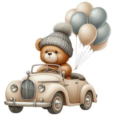 a brown teddy bear sitting on top of a car with balloons