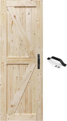 a wooden door with a black handle on the front and side panel, next to an image of a pair of scissors