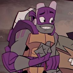 an animated character with purple hair and armor