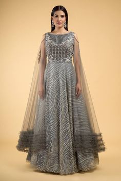 Grey padded gown with attached cancan and crystal dangling, sequin, cutdana, bead embroidery in checkered and stripe pattern. - Aza Fashions Mithila Palkar, Net Embroidery, Diana Penty, Gown For Women, Gown Pattern, Luxury Sale, Beaded Neckline, Bead Embroidery, Modern Bride