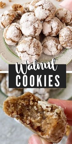 a person holding up a cookie in front of the camera with text overlay that reads walnut cookies