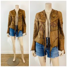 Vintage Patchwork Leather Jacket patchwork leather bell sleeves with raw edge braided leather ties at front supple brown leather artisan made, signed but not readable great vintage condition appx size - S 19 pit-pit 19 length  26.5 sleeve 14 shoulder All sales are final Leather Jacket For Fall Festival, Designer Brown Leather Jacket For Spring, Bohemian Long-sleeve Leather Jacket For Fall, Bohemian Long Sleeve Leather Jacket For Fall, Bohemian Fitted Leather Jacket For Fall, Fall Leather Jacket With Patchwork, Patchwork Leather Jacket For Fall, Brown Leather Festival Outerwear, Vintage Long Sleeve Leather Jacket For Festival