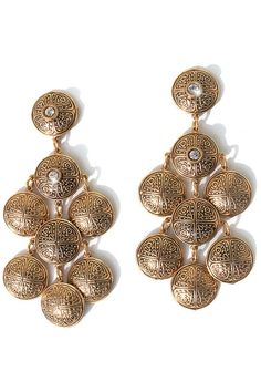 Wonderful earrings with a strong Moroccan / Keith and Anita Influence. Domed Disc with a Moroccan design dangle with Swarovski Crystal stones. Beautifully detailed .Post only. Russian Gold finish. Nickel free. 3 inches long. Very light weight. Limited editions. . Made in U.S.A. Jeweled Metal Drop Chandelier Earrings, Metal Danglers For Formal Events, Bronze Metal Pierced Chandelier Earrings, Ornate Metal Dangle Clip-on Earrings, Bronze Metal Chandelier Earrings, Ornate Metal Dangle Chandelier Earrings, Ornate Metal Chandelier Dangle Earrings, Ornate Metal Chandelier Earrings, Pearl Ball Earrings