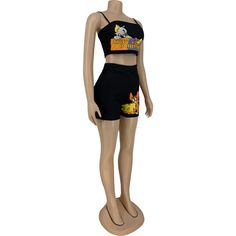 Cartoon Printed Camisole Lazy Two-piece Suit Fitted Camisole Set For Summer, Fitted Sleeveless 2-piece Set, Casual Summer Camisole Set, Casual Two-piece Sleeveless Set, Casual 2-piece Sleeveless Set, Casual Cami Sets For Summer, Casual Summer Cami Sets, Casual Sleeveless Two-piece Set For Summer, Sleeveless Two-piece Set For Spring