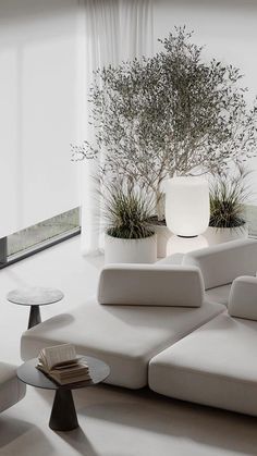 a living room filled with white furniture and plants