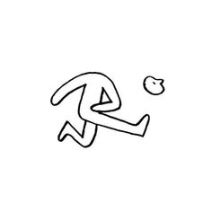 a black and white drawing of a man running with an apple in his hand on a white background