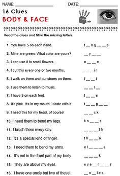 a worksheet with the words body and face on it, which includes an image of