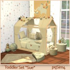 a child's bedroom with a bed and toys