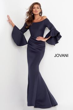 Jovani 59993 Scuba Off the Shoulder Bell Sleeves Evening Dress Formal – Glass Slipper Formals Evening Gowns Online, Off Shoulder Evening Gown, Mermaid Evening Gown, Evening Dresses With Sleeves, Unique Prom Dresses, Jovani Dresses, Mermaid Skirt, Gowns Online, Mermaid Gown