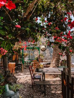 a wooden table surrounded by red flowers and greenery