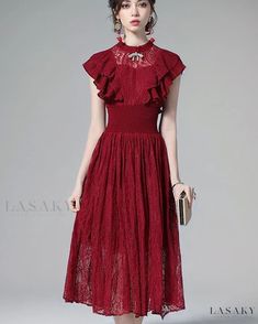 Lasaky - Flying Feather Lace Long Sleeve Dress: Elevating Graceful Sophistication Chic Summer Midi Dress For Banquet, Elegant Lace Maxi Dress For Fall, Elegant Red Fit And Flare Midi Dress, Chic Spring Midi Dress For Banquet, Summer Banquet Lace Midi Dress, Chic Fall Banquet Midi Dress, Chic Short Sleeve Midi Dress For Banquet, Elegant Lace Dress For Fall, Elegant Fit And Flare Midi Dress With Ruffles