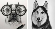 two drawings of dogs with glasses on their faces and one has a pencil drawing of a dog's face