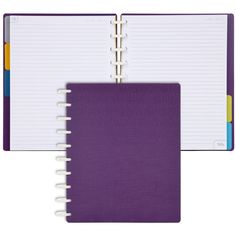 two notebooks with spiral bound pages on each side, one purple and the other white