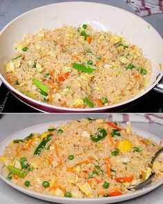 two pictures of rice and vegetables being cooked in a pan