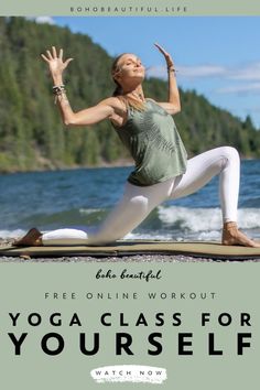 a woman doing yoga on the beach with her hands in the air and text that reads free online workout for your self