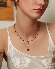 Materials: 18k gold plated brass, red glass beads Measurements: 390mm/15.35" in length, 50mm/1.97" in extension length Red Bead Necklace, Red Gold Necklace, Red Pendant Necklace, Simple Necklace Designs, Red Beaded Necklace, En Route Jewelry, Tulip Necklace, Red Beaded Necklaces, Red Quartz