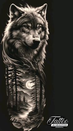 a wolf tattoo on the back of a man's arm with trees and moon in the background