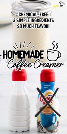 three different types of coffee creamer in front of a jar with the words, 3 simple ingredients so much flavor