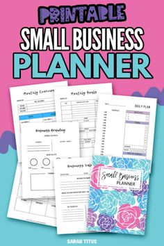 the printable small business planner is shown in three different colors and sizes, with text that