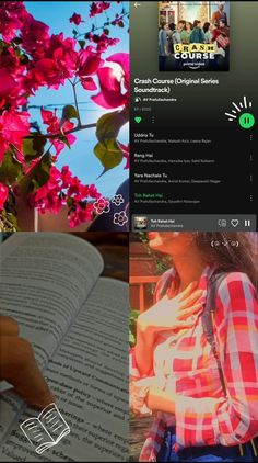 an open book sitting on top of a wooden table next to a window with pink flowers